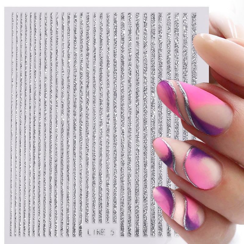 3D Lines Nail Stickers Holographic Metal Glitter Stripe Decals