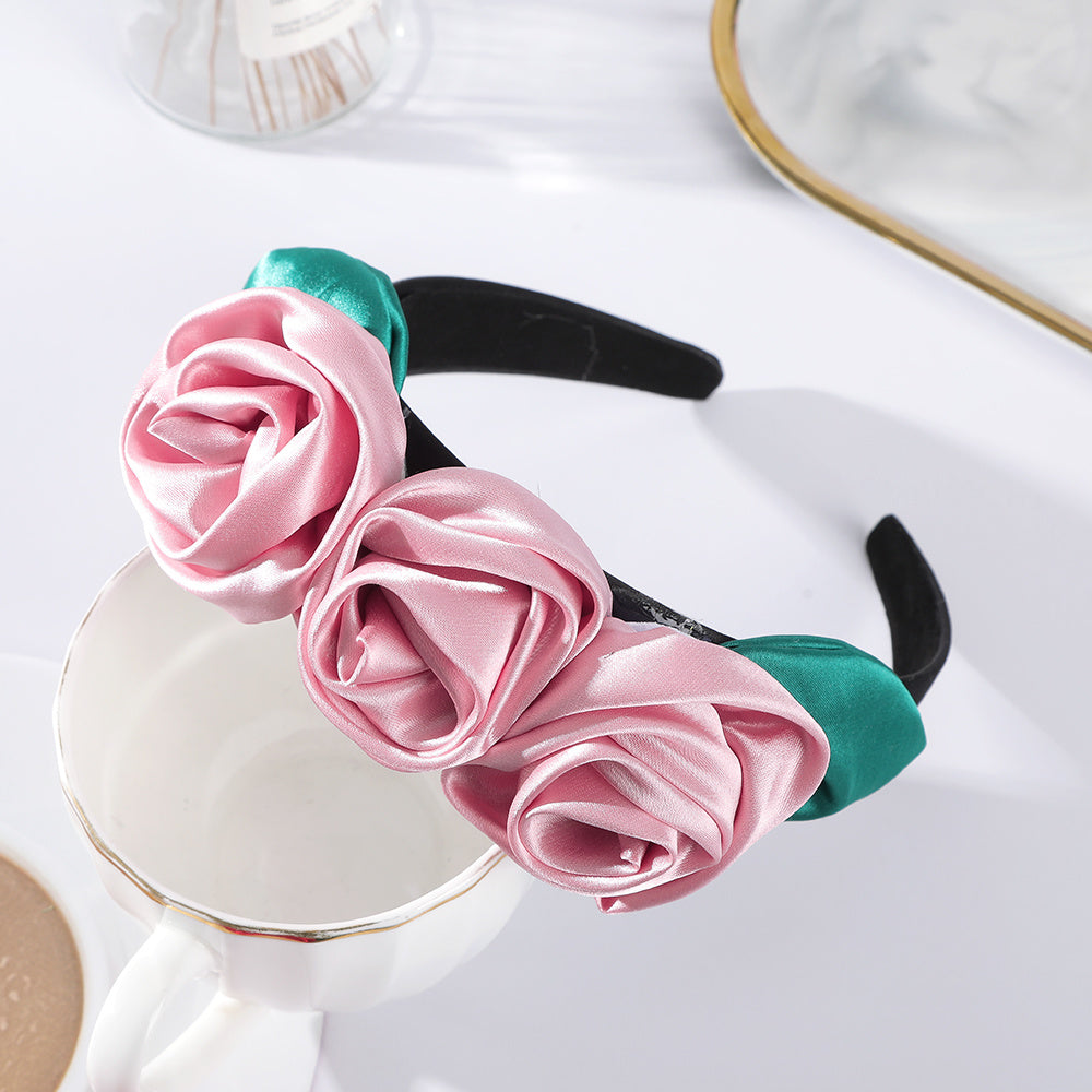 Rose Leaves Headband Wide Brimmed Satin Flower Headdress