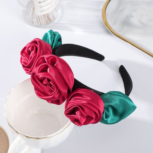 Rose Leaves Headband Wide Brimmed Satin Flower Headdress