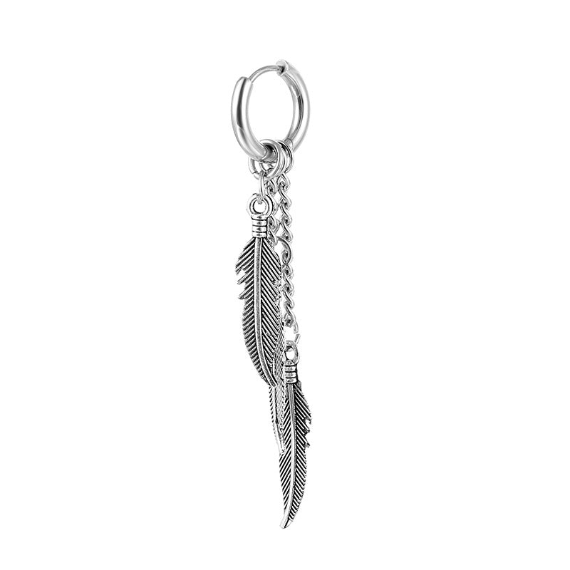 1pc Stainless Steel Feather Cross Pendant & Tassel Small Hoop Earring