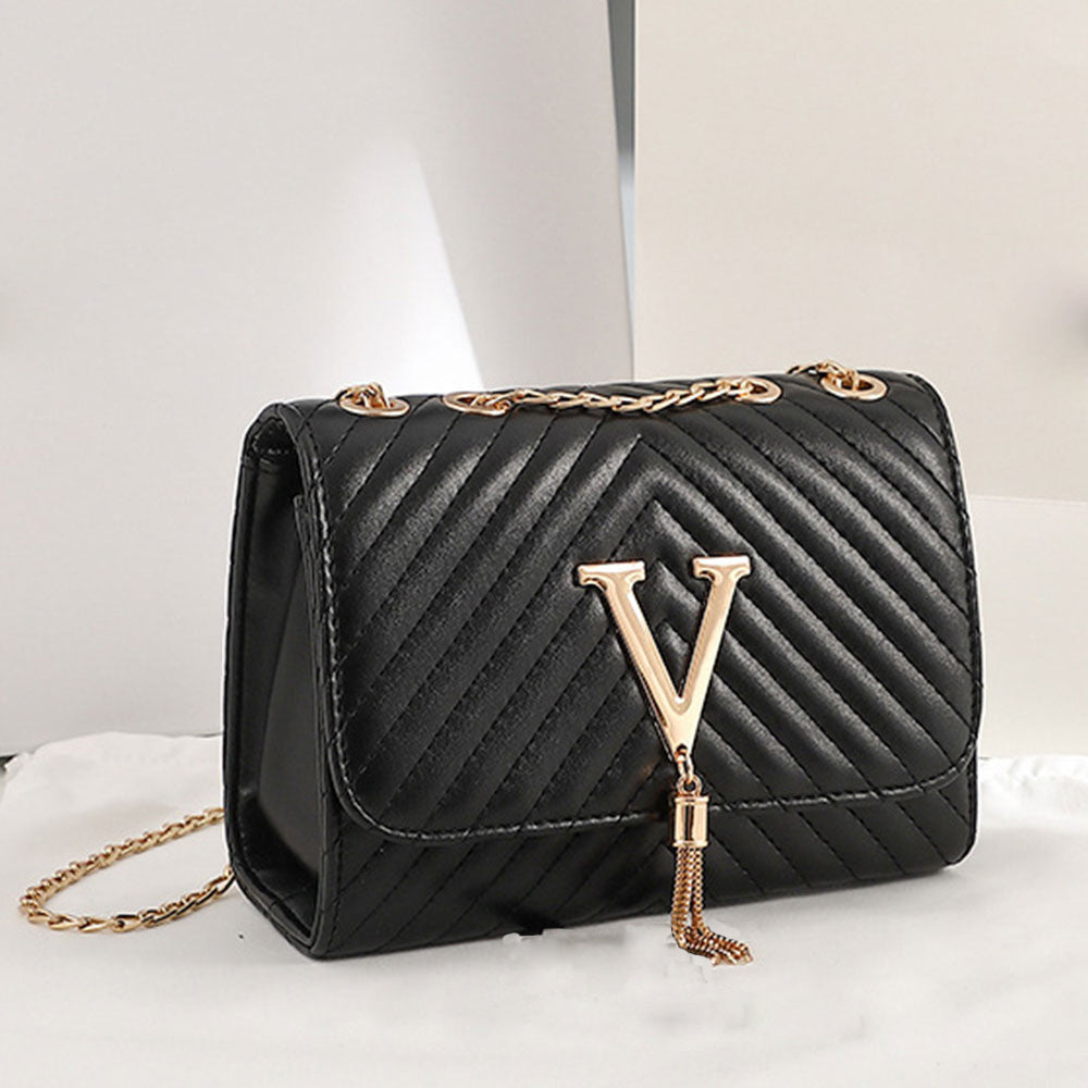 Chevron V Quilted Shoulder Bag Megnet Closure Crossbody Chain Solid Shoulder Bag