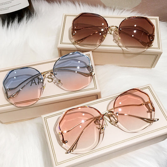 Ombre Lens Sunglasses Round Rimless Metal Glasses UV400