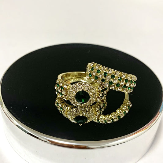 Men's Wedding Engagement Golden & Faux Diamond Emerald Ring Jewelry Set