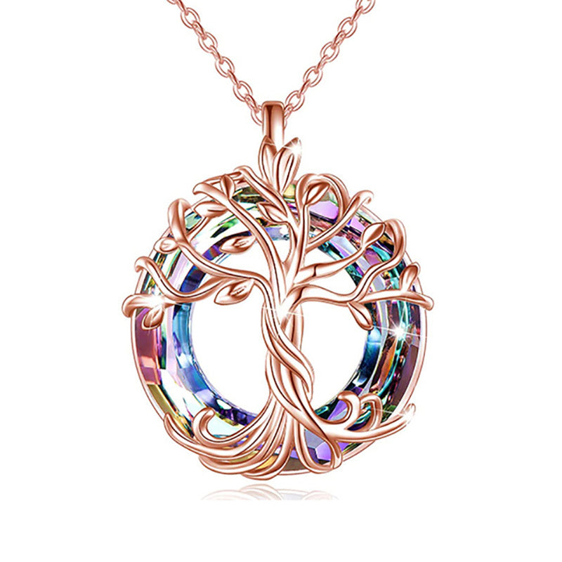 Tree Of Life Necklace Round Rainbow Crystal Pendant Birthday Gift