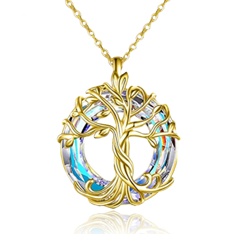 Tree Of Life Necklace Round Rainbow Crystal Pendant Birthday Gift