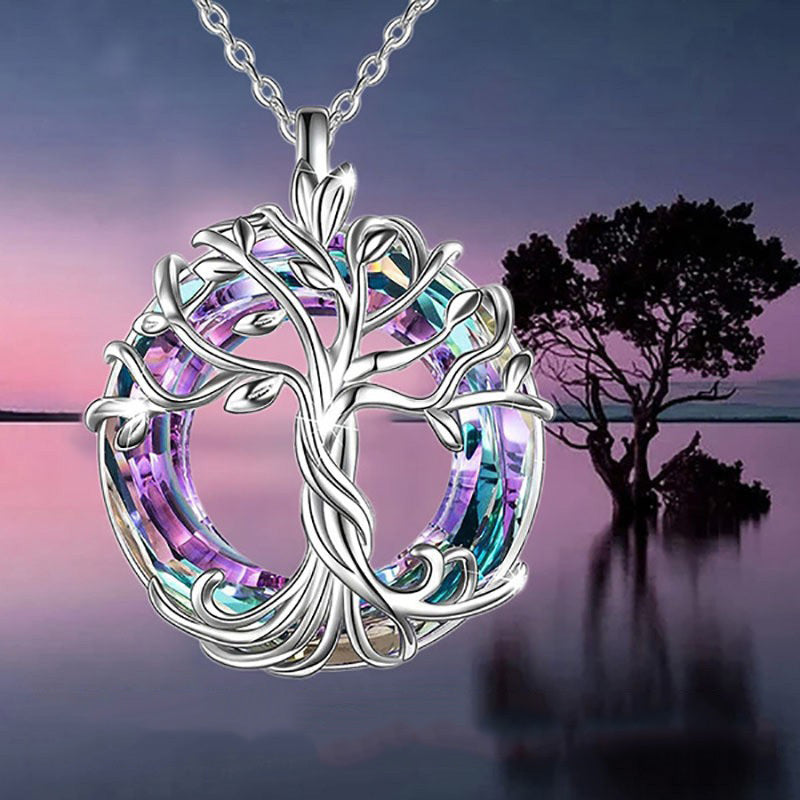 Tree Of Life Necklace Round Rainbow Crystal Pendant Birthday Gift