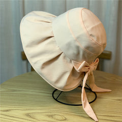 Bow Decor Pleated Bucket Hat Solid Sunscreen Basin Hat for Women