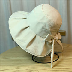 Bow Decor Pleated Bucket Hat Solid Sunscreen Basin Hat for Women