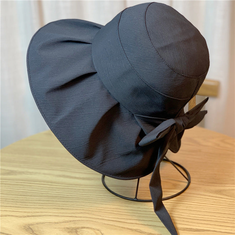 Bow Decor Pleated Bucket Hat Solid Sunscreen Basin Hat for Women