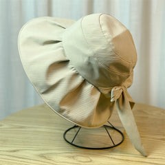 Bow Decor Pleated Bucket Hat Solid Sunscreen Basin Hat for Women