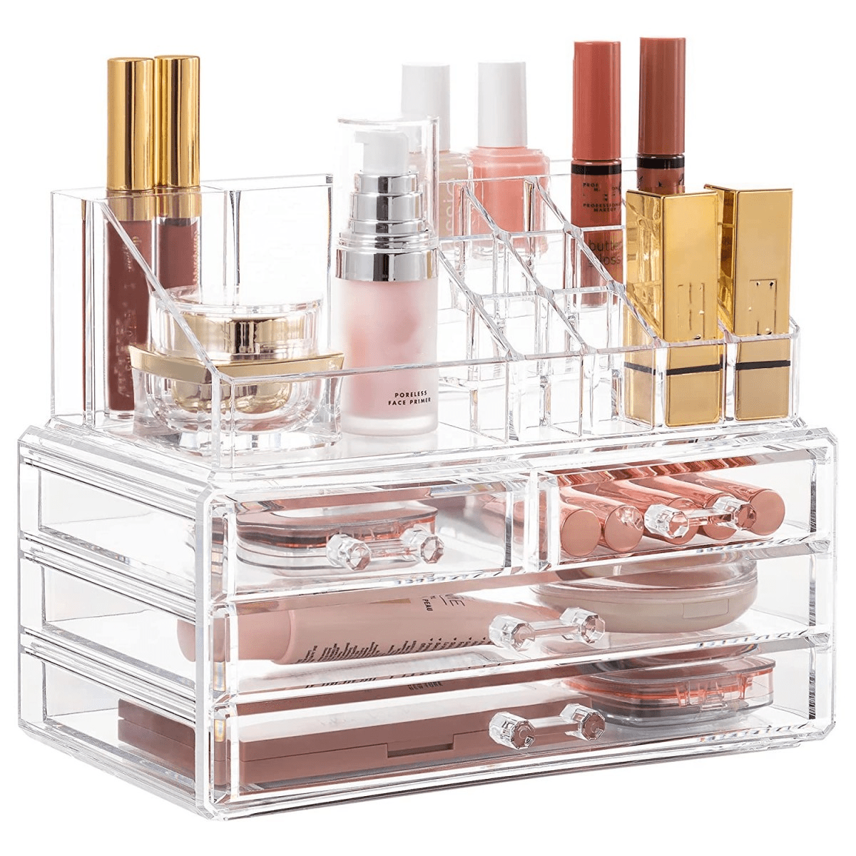 2 Tier Clear Acrylic Makeup Organizer with Storage Drawers for Vanity Bathroom