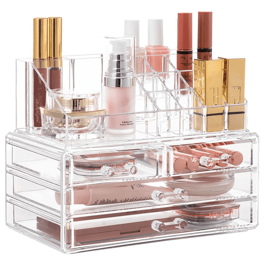 2 Tier Clear Acrylic Makeup Organizer with Storage Drawers for Vanity Bathroom