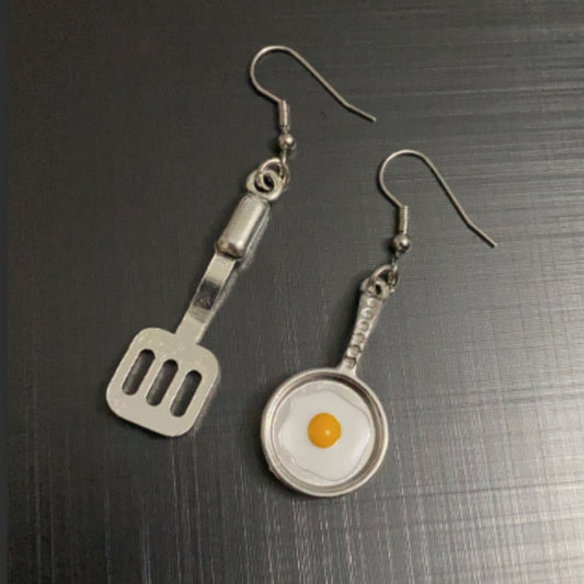 Food Spatula & Fried Egg Drop Earrings Gift