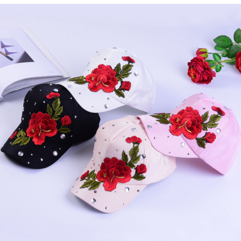 Red Rose Embroidery Baseball Cap Lightweight Sun Hats Adjustable