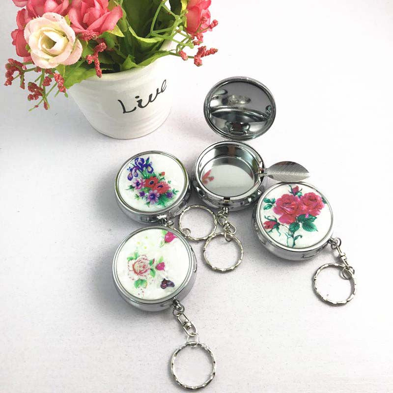 Mini Round Tobacco Box Keychain With Mirror Portable Metal Pendant