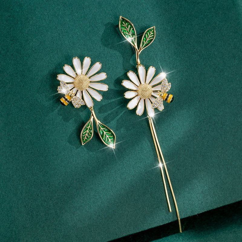 Daisy Leaf Bee Enamel Dangle Earrings 18K Plated