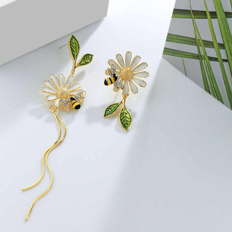 Daisy Leaf Bee Enamel Dangle Earrings 18K Plated
