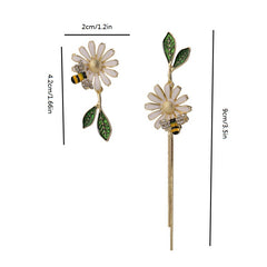 Daisy Leaf Bee Enamel Dangle Earrings 18K Plated