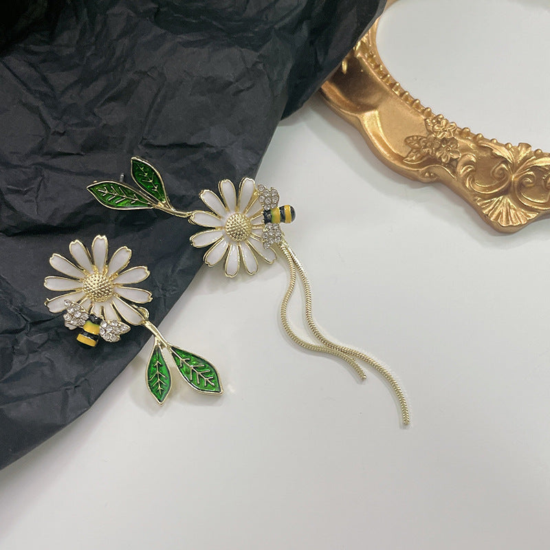 Daisy Leaf Bee Enamel Dangle Earrings 18K Plated