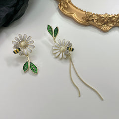 Daisy Leaf Bee Enamel Dangle Earrings 18K Plated