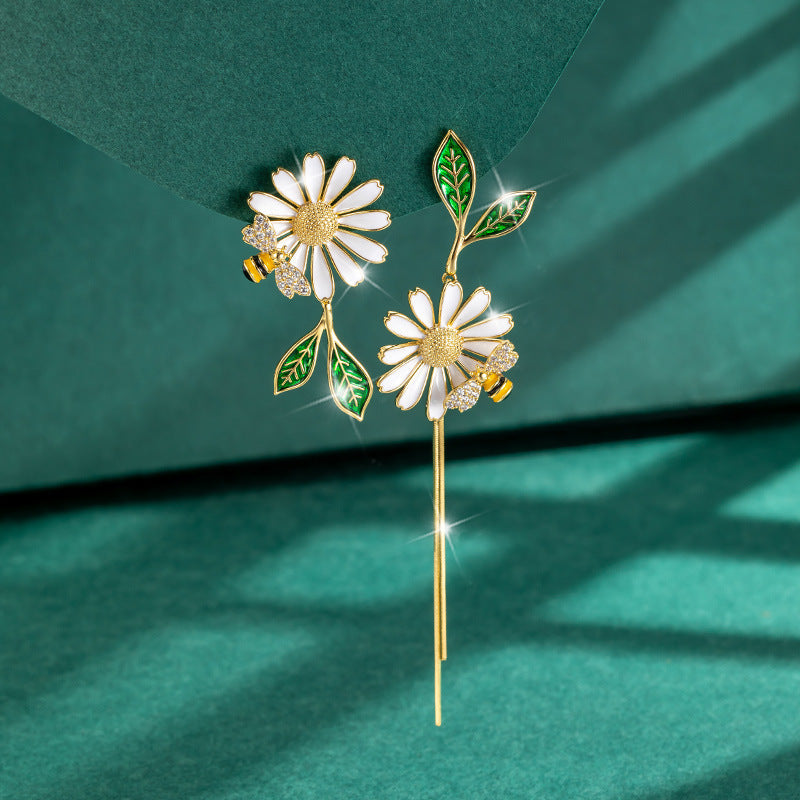 Daisy Leaf Bee Enamel Dangle Earrings 18K Plated