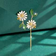 Daisy Leaf Bee Enamel Dangle Earrings 18K Plated