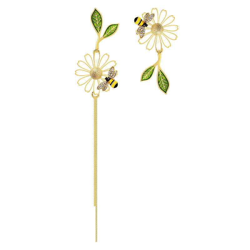 Daisy Leaf Bee Enamel Dangle Earrings 18K Plated