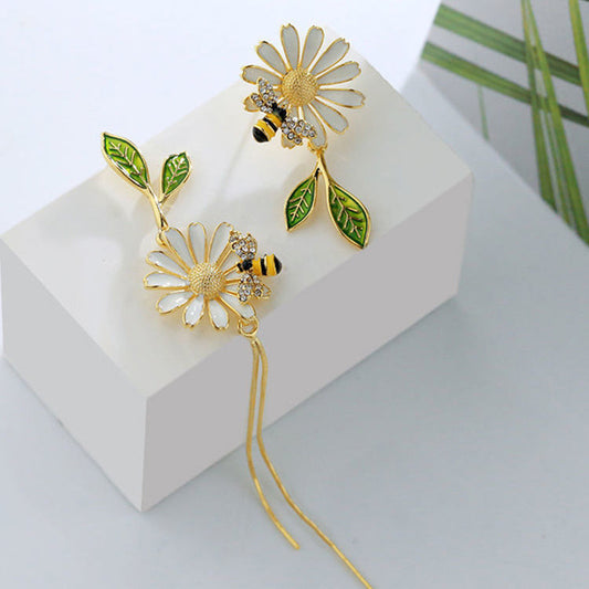 Daisy Leaf Bee Enamel Dangle Earrings 18K Plated