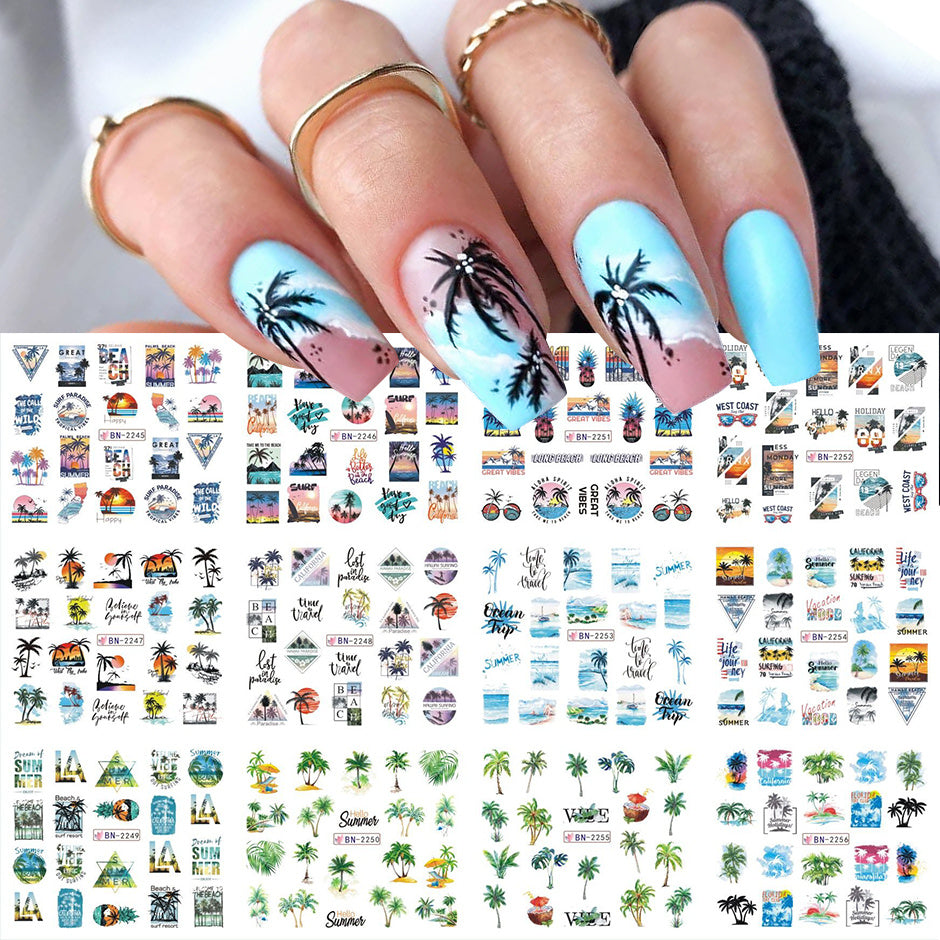 12pcs Palm Tree Nail Stickers Water Sliders Coconut Decals & Decorations
