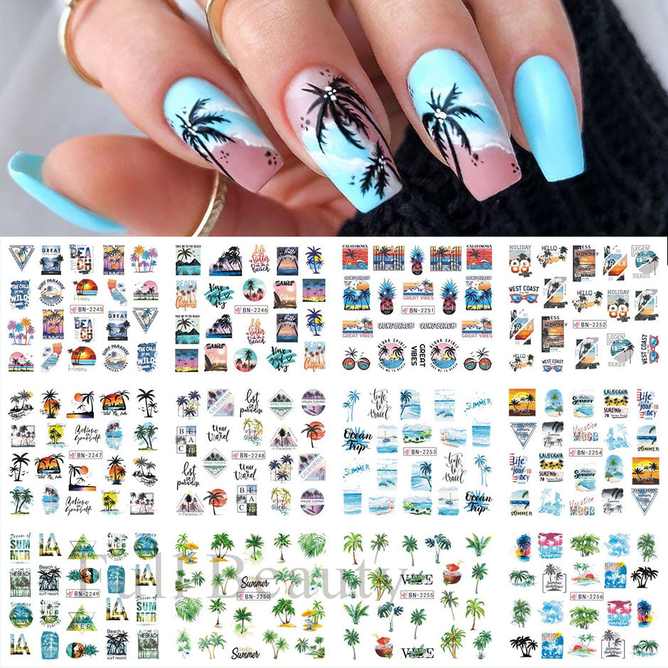 12pcs Palm Tree Nail Stickers Water Sliders Coconut Decals & Decorations