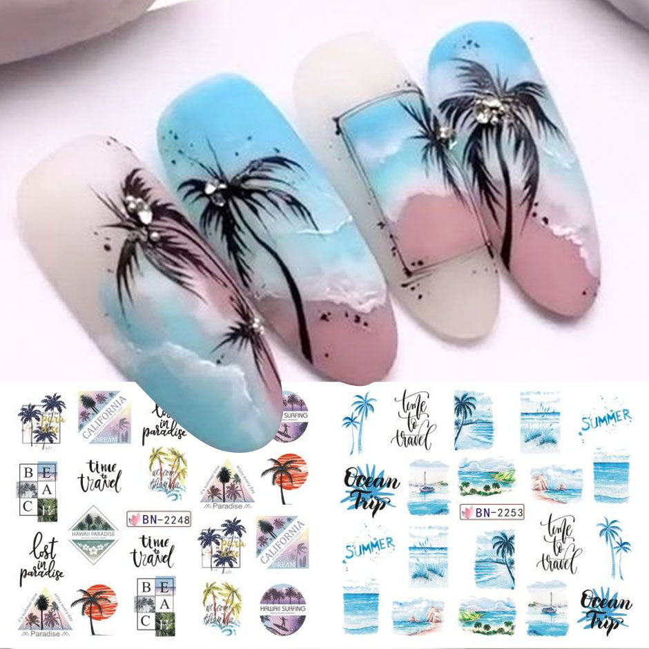 12pcs Palm Tree Nail Stickers Water Sliders Coconut Decals & Decorations
