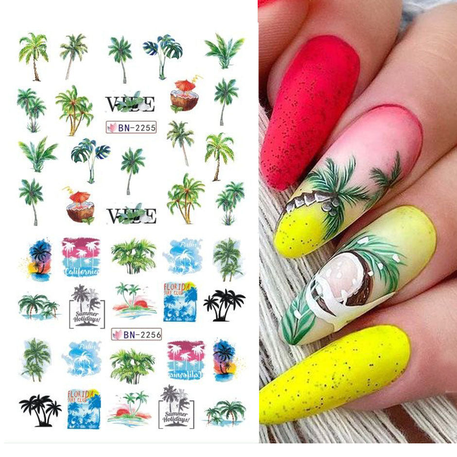 12pcs Palm Tree Nail Stickers Water Sliders Coconut Decals & Decorations
