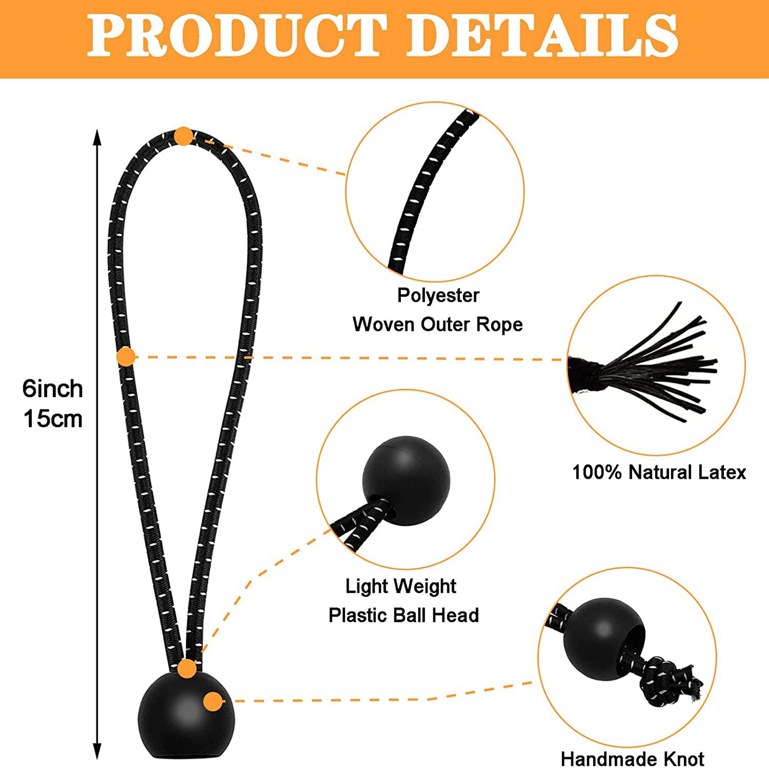 20pcs 15-24cm Bungee Cords with Balls for Camping Tents Tarp Canopy
