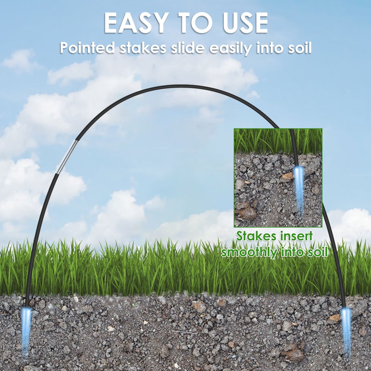 Greenhouse Hoops Grow Tunnel Kit - Fiberglass Frame with Spikes & Clips