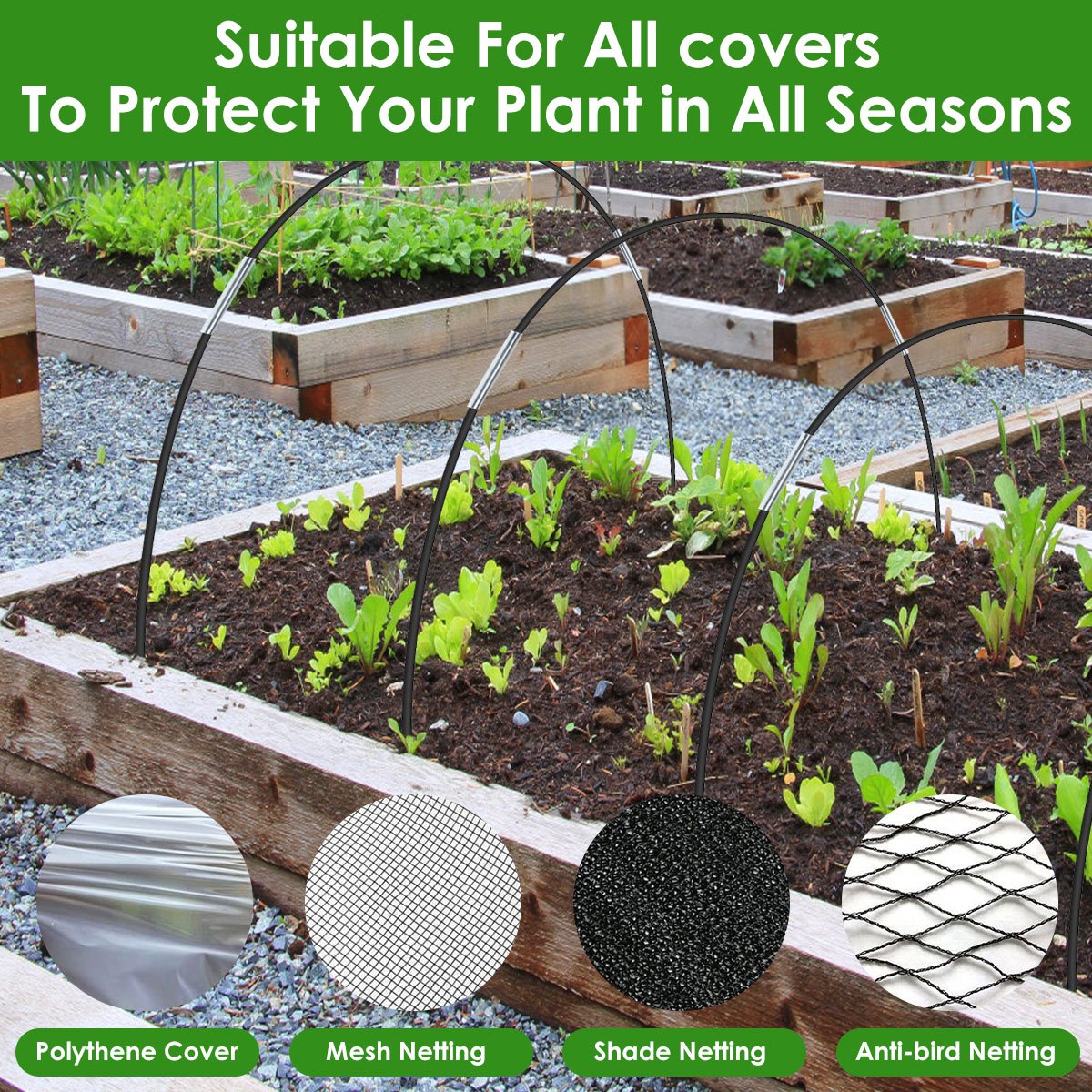 Greenhouse Hoops Grow Tunnel Kit - Fiberglass Frame with Spikes & Clips