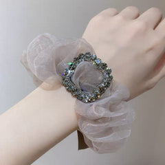 Large Rhinestone Decor Organza Scrunchies Hair Tie