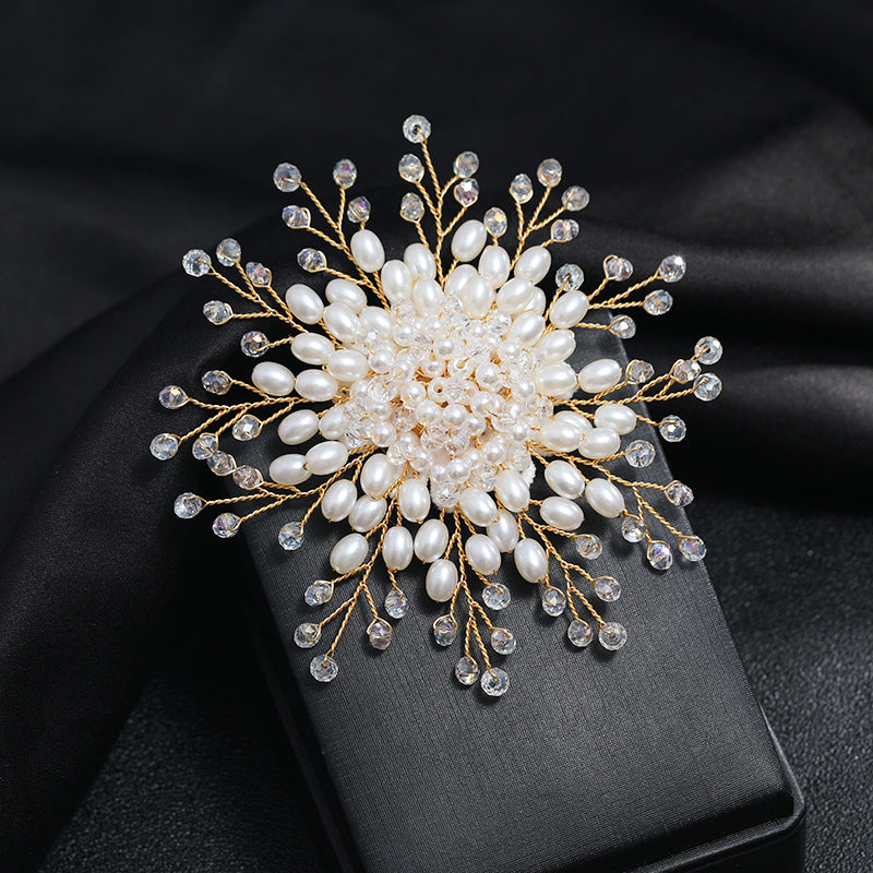 Snowflake Flower Pearl Brooch Rhinestone Pin Wedding Gift Men