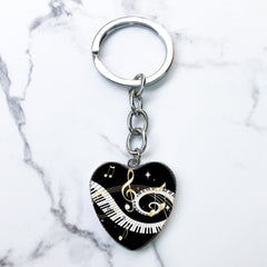 Piano Keys Music Notes Key Chain Heart Shaped Glass Gem Pendant Keyring