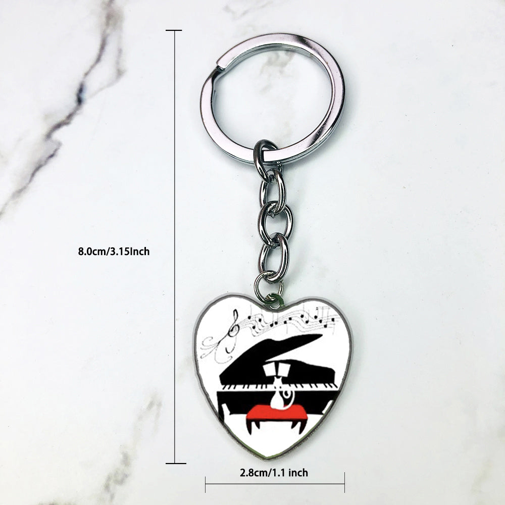 Piano Keys Music Notes Key Chain Heart Shaped Glass Gem Pendant Keyring
