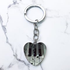 Piano Keys Music Notes Key Chain Heart Shaped Glass Gem Pendant Keyring