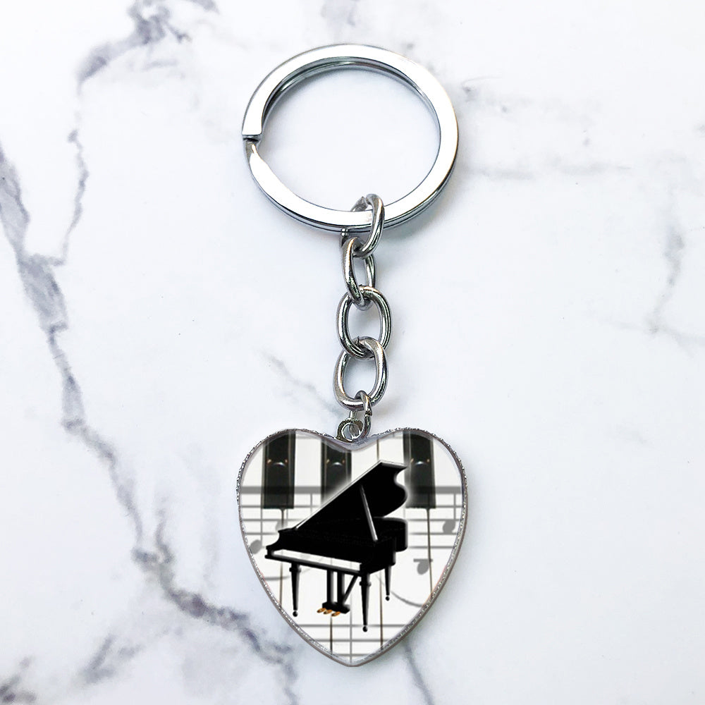 Piano Keys Music Notes Key Chain Heart Shaped Glass Gem Pendant Keyring