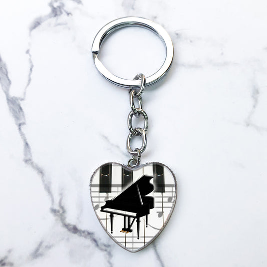 Piano Keys Music Notes Key Chain Heart Shaped Glass Gem Pendant Keyring