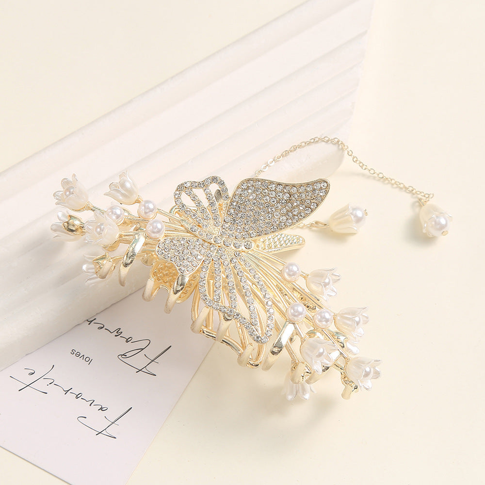 Faux Pearl Flower Hair Claw with Tassel Butterfly Hair Clip