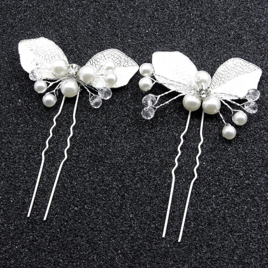 Silvery Leaf Shape Hairpin with Faux Pearl Crystal Inlay