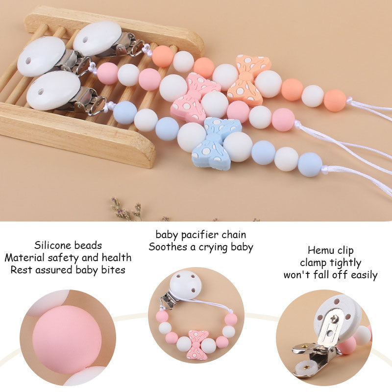 Wooden Baby Pacifier Clip Bow Shape Teether Chew Toy Chain