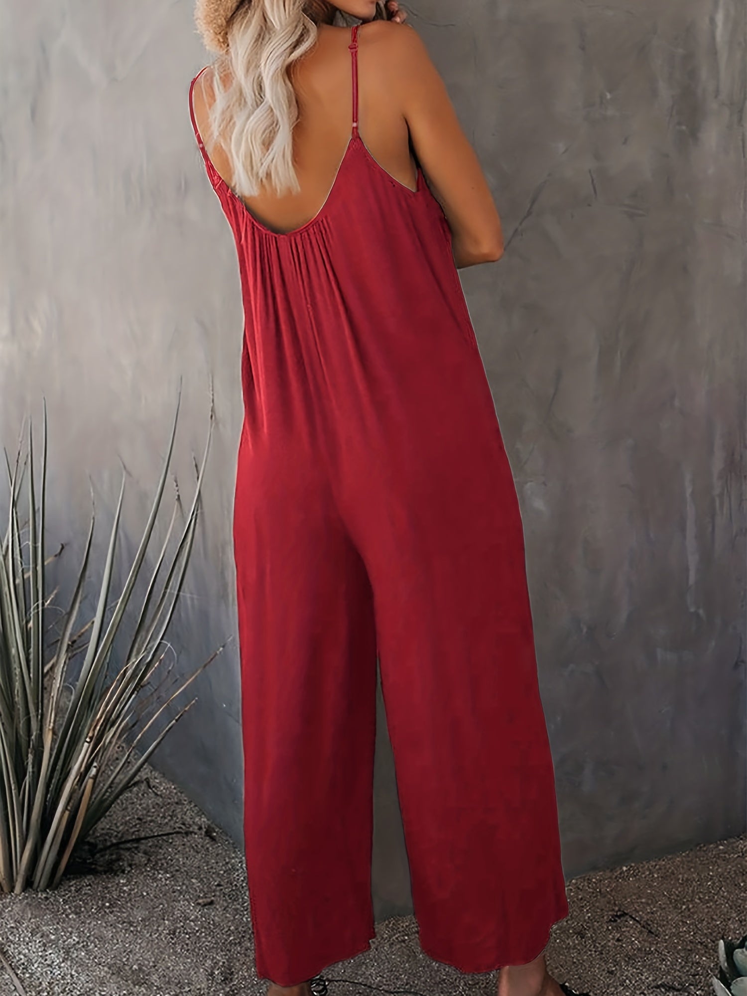 Solid Comfy V Neck Spaghetti Strap Jumpsuit