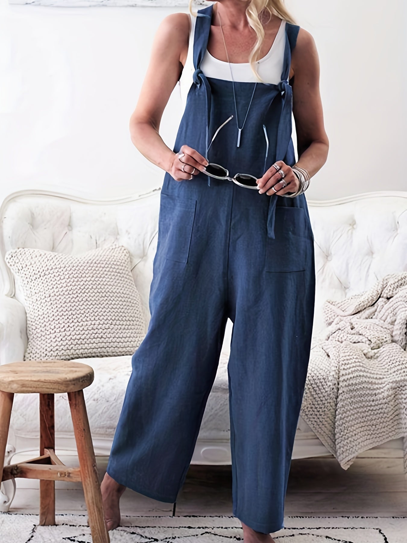  Solid Square Neck Wide Leg Jumpsuit