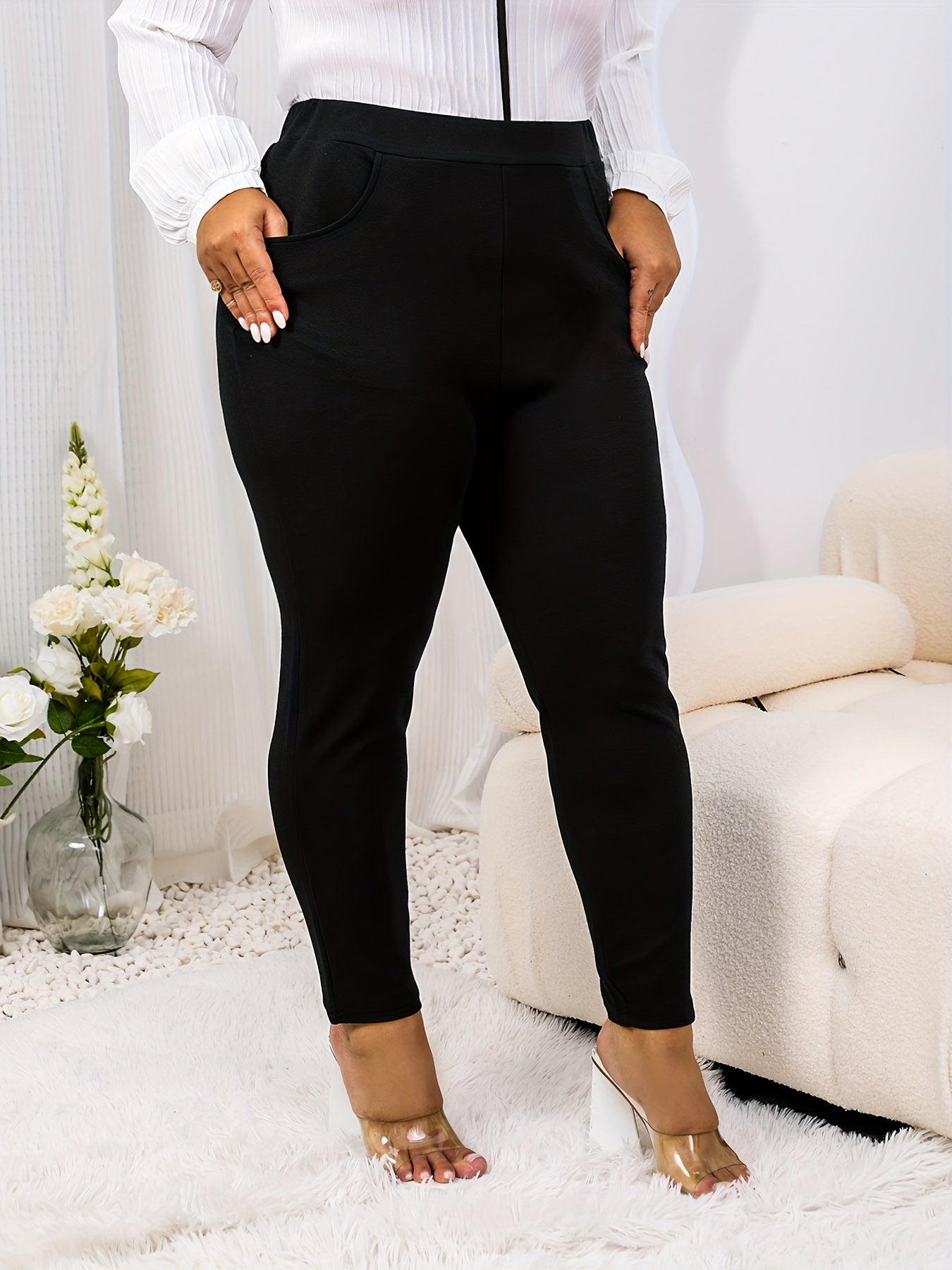  Solid High Rise Stretch Skinny Pants with Pockets