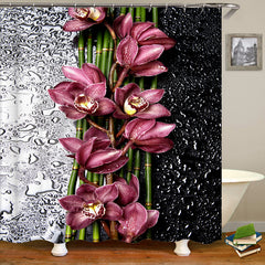 Flower Pattern Waterproof Shower Curtain Set with 12 Hooks
