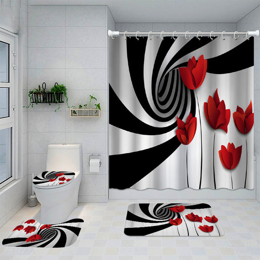 4pcs Flower Pattern Shower Curtain Set with Non Slip Bathroom Rug
